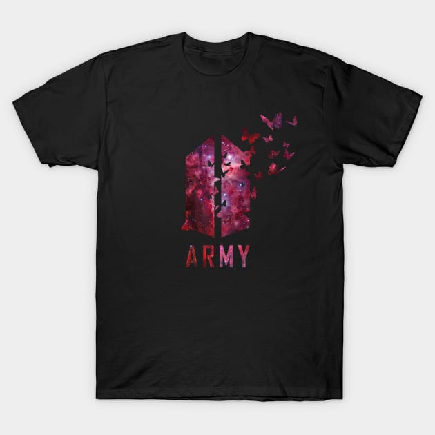 BTS Army logo with destructive butterfly (red galaxy) | Kpop Army T-Shirt by Vane22april